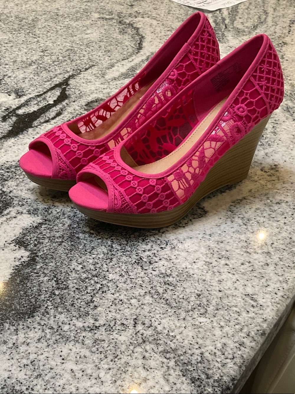 American Eagle Outfitters Hot Pink Lace Peep-Toe Wedge Heels